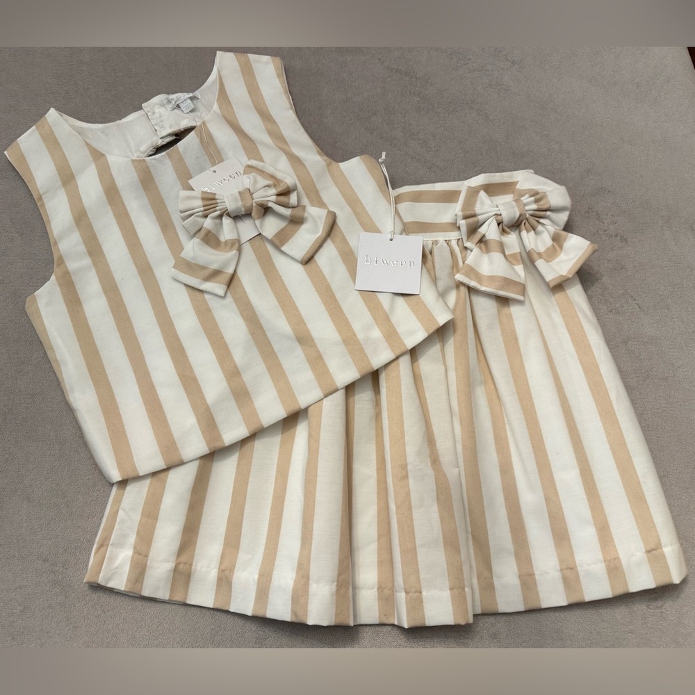 Girls Dressy Skirt Set Size 12 NWT Beige Stripe Bow Spring Graduation Outfit 3pc